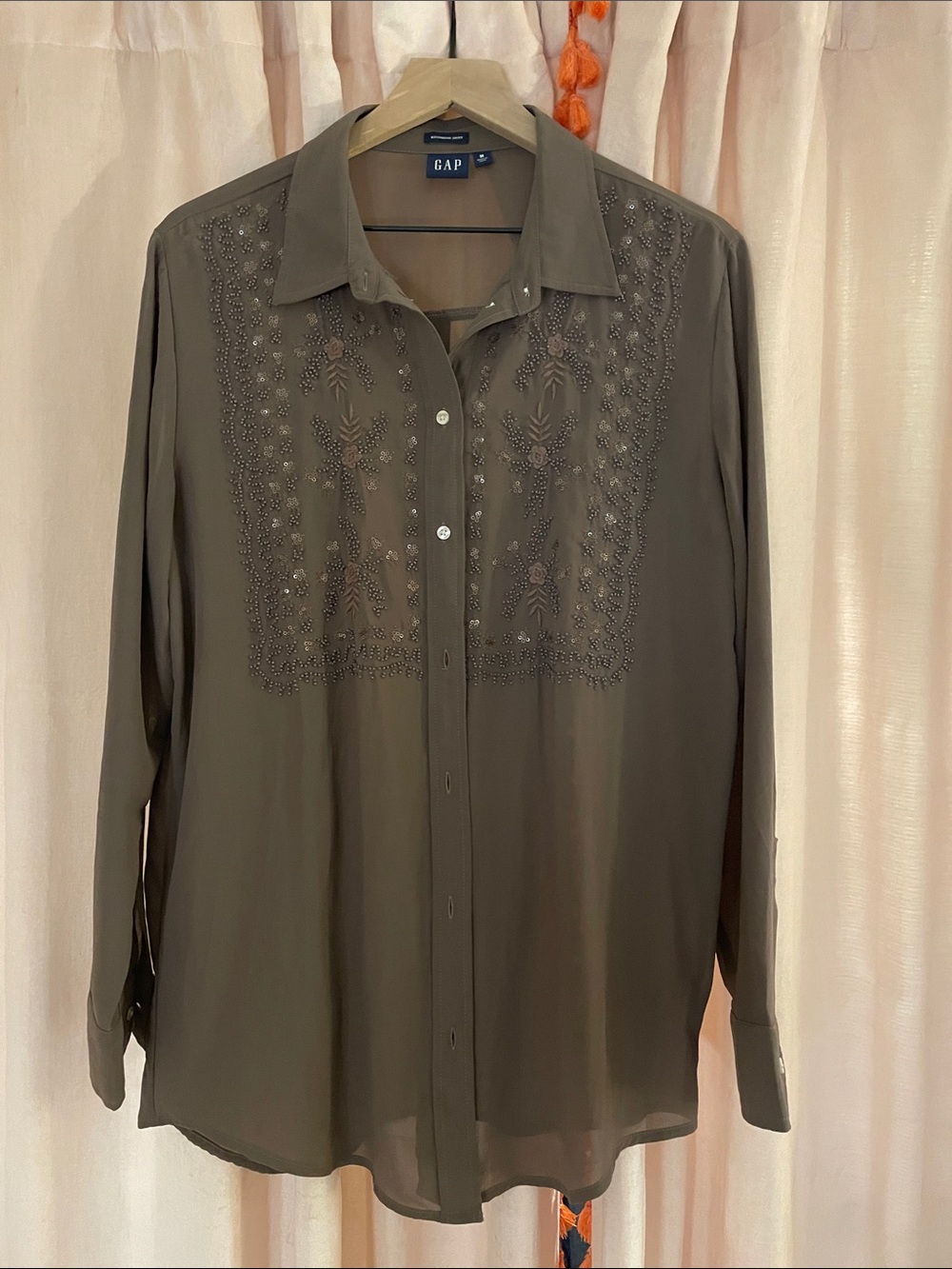 GAP Sheer Gray/brown Embroidered Button-Down Shirt